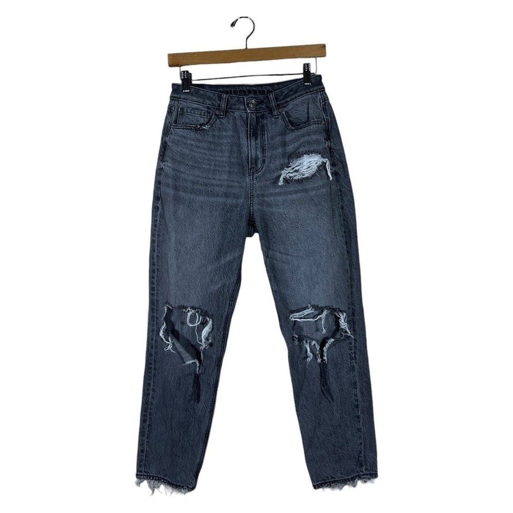 American Eagle Mom Jean Solid Denim Pants Black Grunge Distressed Size 4 Short